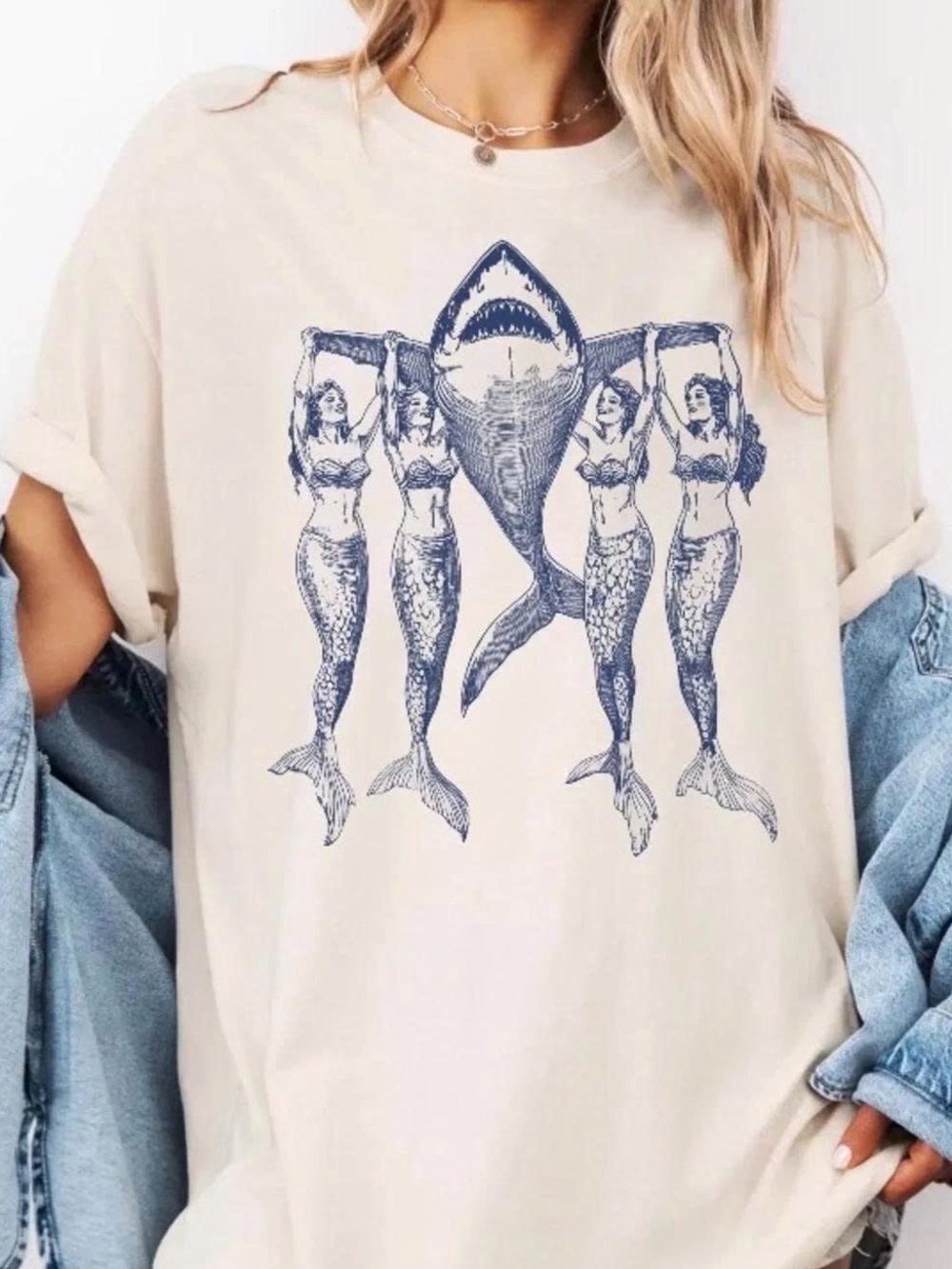 Mermaid Shark Graphic Pet Tee - Blue on Natural